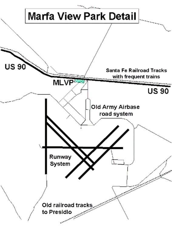 Detail map showing location of Marfa Lights View Park relative to old Army Airfield